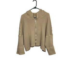 Sunday St Tropez Tan Ribbed Zip Up Hoodie Cropped Boho Jacket Beige Womens OS